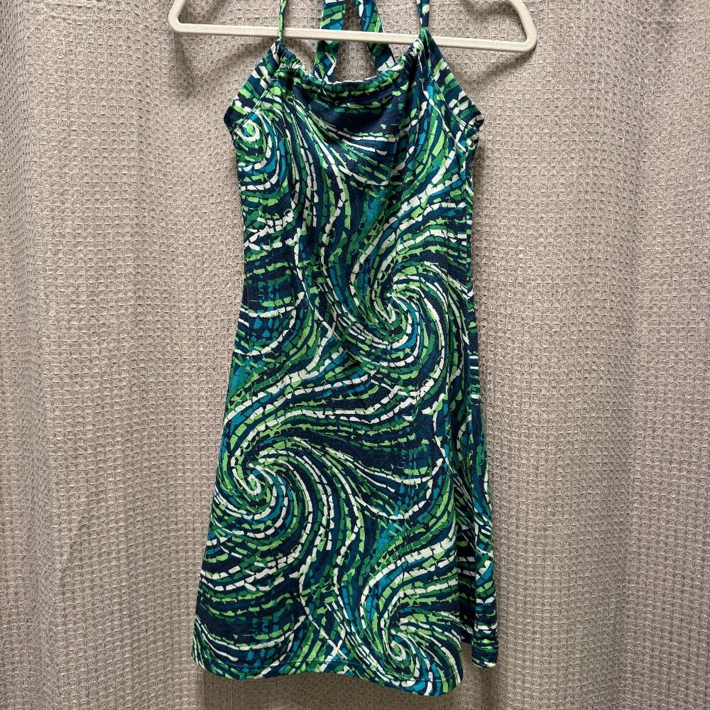 Prana Quinn Tank Dress Size XS Geometric Print Blue Green White Short Shelf Bra